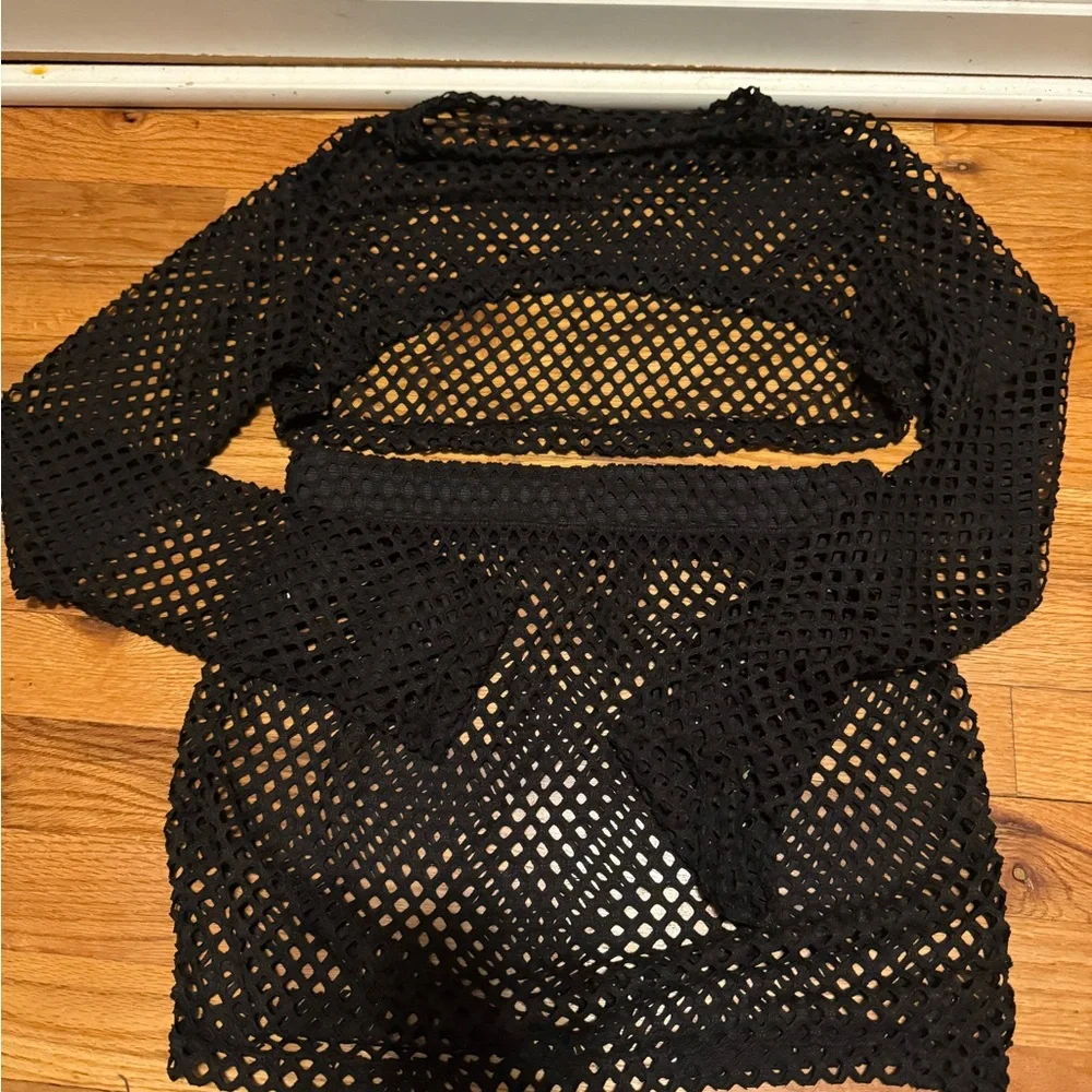 Black Mesh Swimsuit Coverup Set – 2 Piece Long Sleeve Crop Top & Skirt (XS/S)